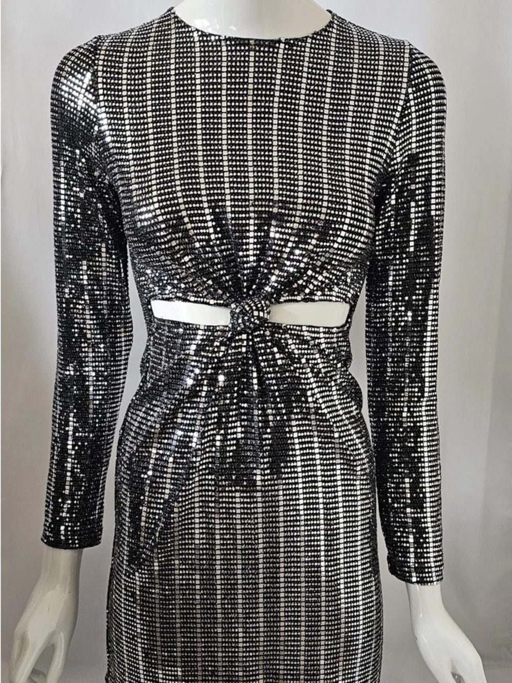 Zara Black & Silver Sequin Knot Cut Out Mini Long Sleeve Party Dress - Picture 3 of 3